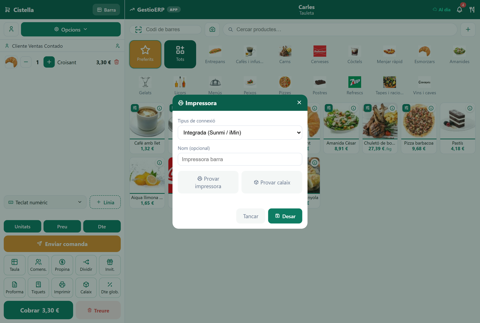 Configuració d'impressora: tipus de connexió i botons de prova