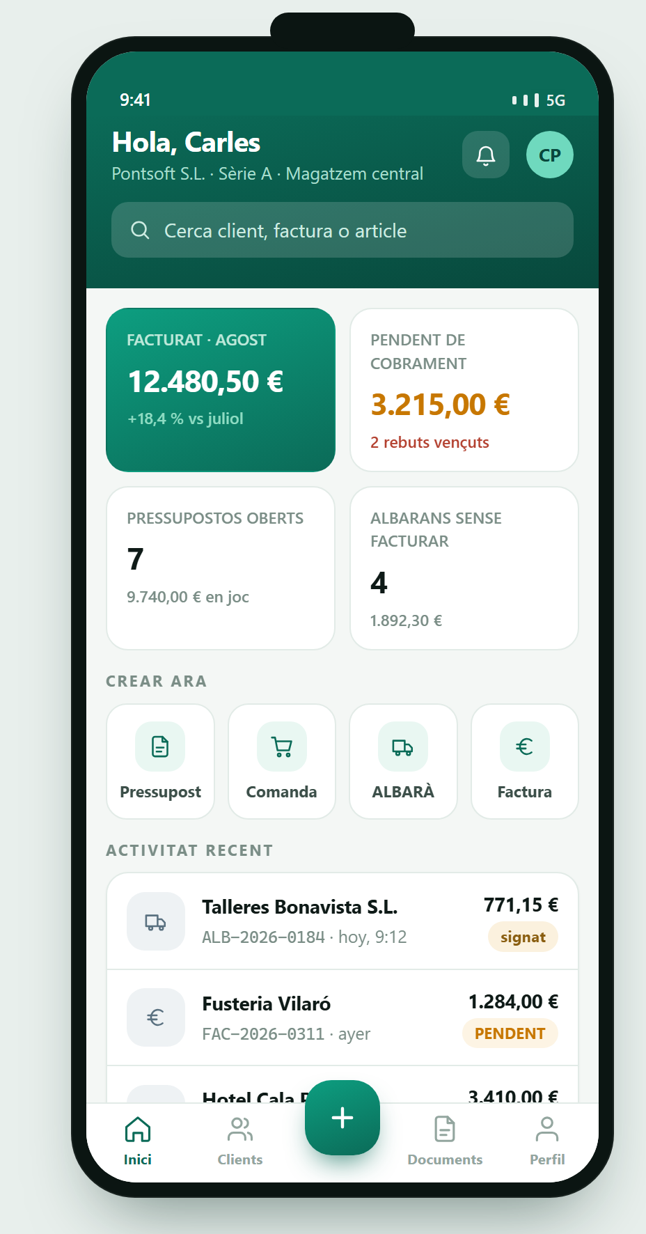 Pantalla d'inici de l'app