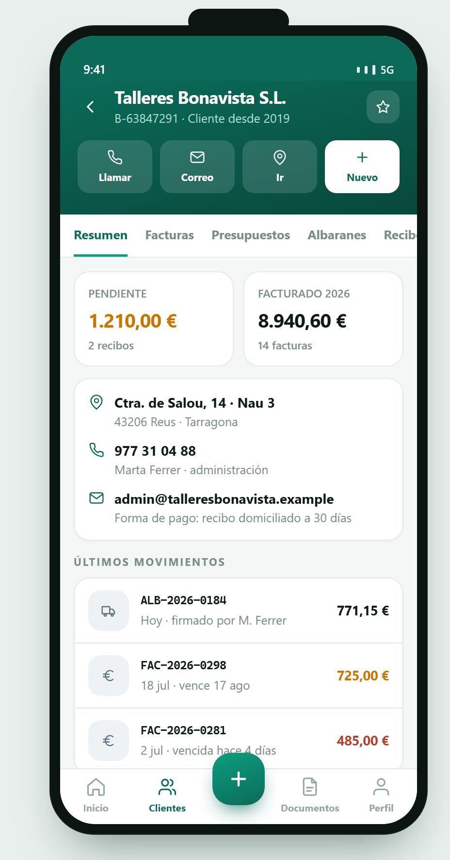 Ficha del cliente en la app