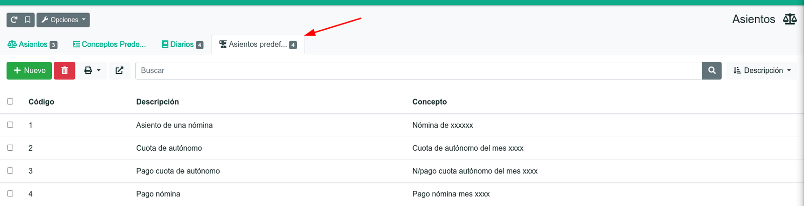 Cómo crear un asiento predefinido
