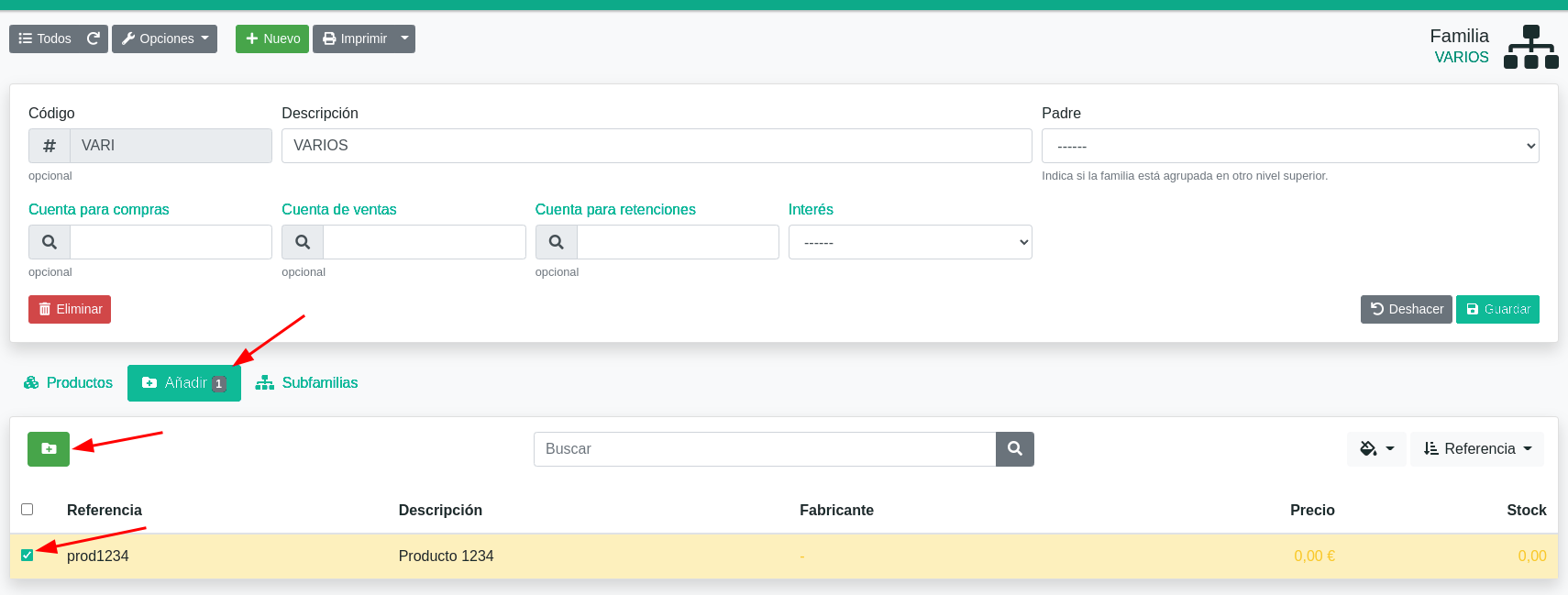 Cómo crear familias de productos
