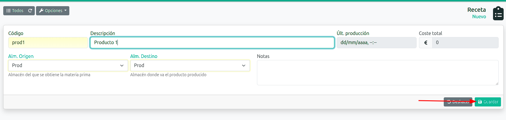 Crear una recepta (escandall)