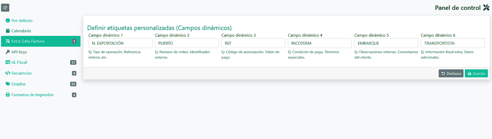 Configuración de los campos