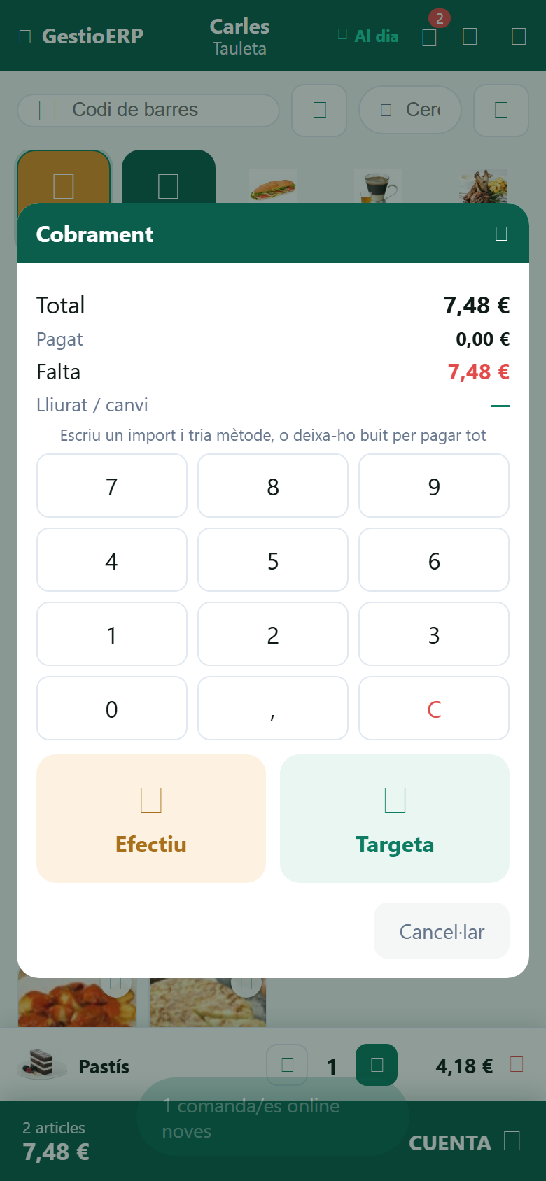 Cobrament a la comandera del TPV de GestioERP: Efectiu i Targeta
