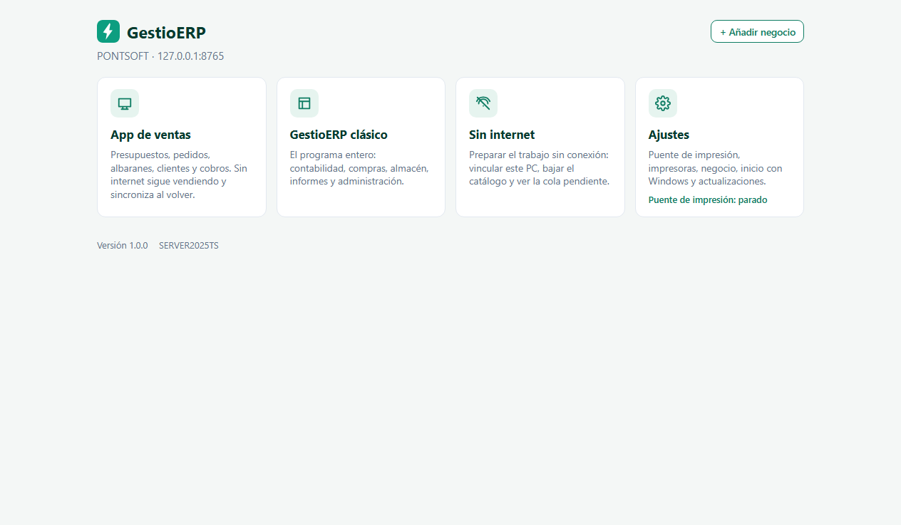 La pantalla d'inici: App de vendes, GestioERP clàssic, Sense internet i Configuració