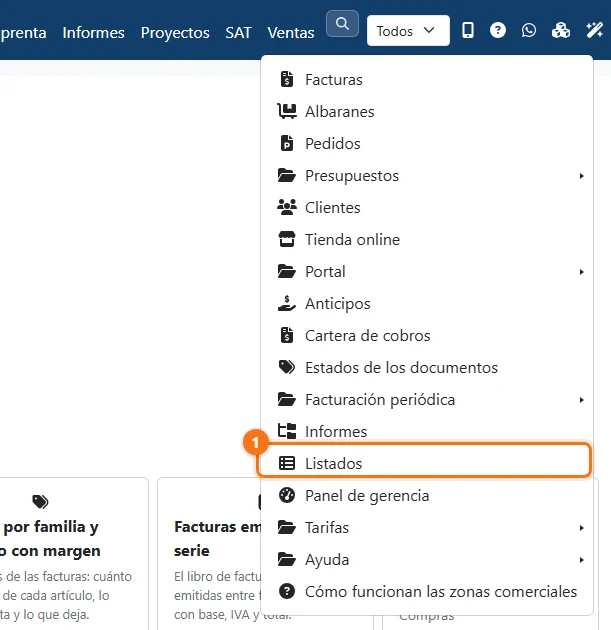 La entrada «Listados» del menú Ventas