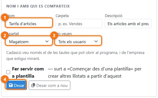Nom, apartat i amb qui es comparteix, i Desar