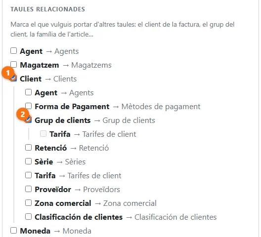 Les taules relacionades: Client i, a dins, Grup de clients