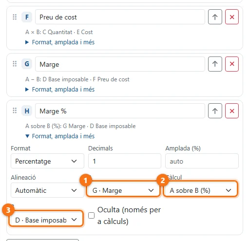 Una columna calculada: Marge % = G (Marge) sobre D (Base imposable)