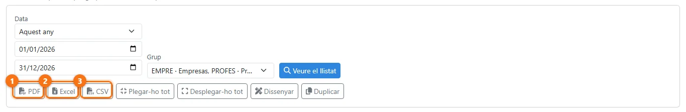 Els botons del llistat obert: PDF, Excel i CSV