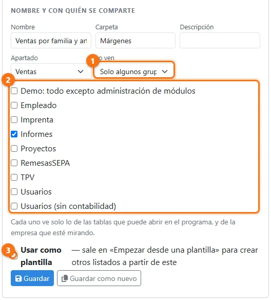 Compartir solo con algunos grupos: el grupo Informes