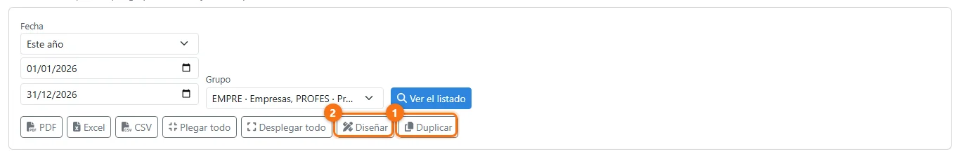 Duplicar y Diseñar en la barra del listado abierto