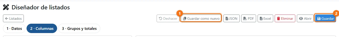 Guardar como nuevo, junto a Guardar