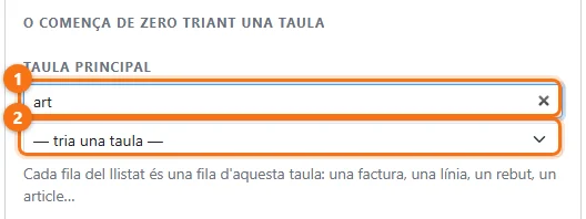 Triar la taula principal escrivint al cercador