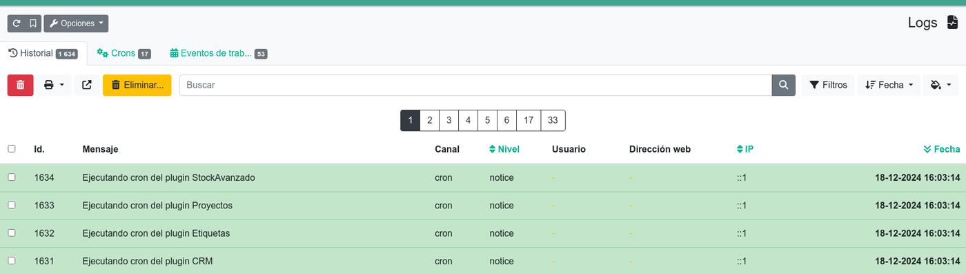 Pantalla de Logs: pestanyes Historial, Crons i Esdeveniments de treball, amb la taula de missatges (Id, Missatge, Canal, Nivell, Usuari, Adreça web, IP i Data)