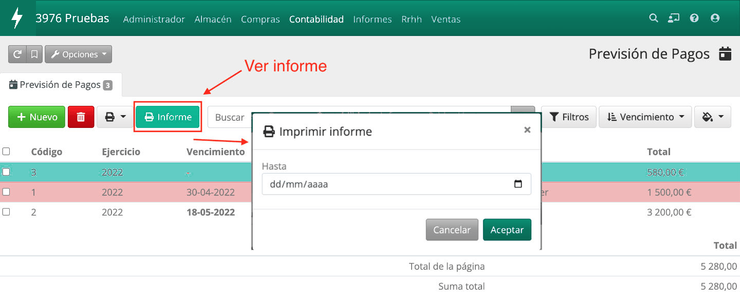 Ver el informe de previsión de pagos