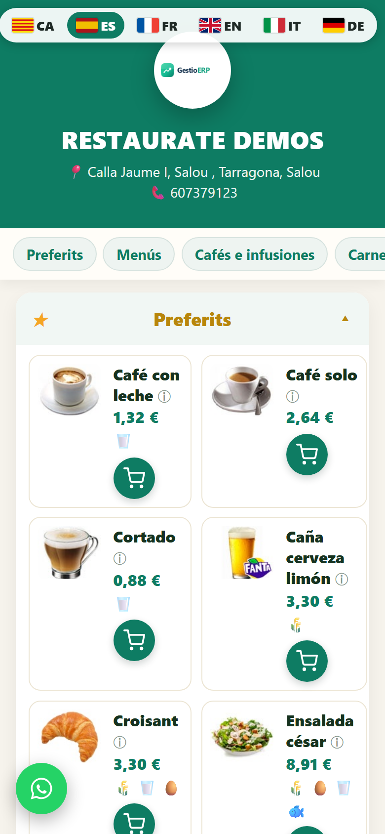 Carta digital (QR) del TPV de GestioERP vista des del mòbil
