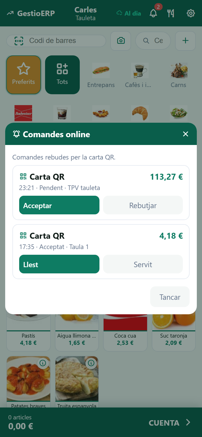Comandes en línia rebudes al TPV de GestioERP des de la carta QR