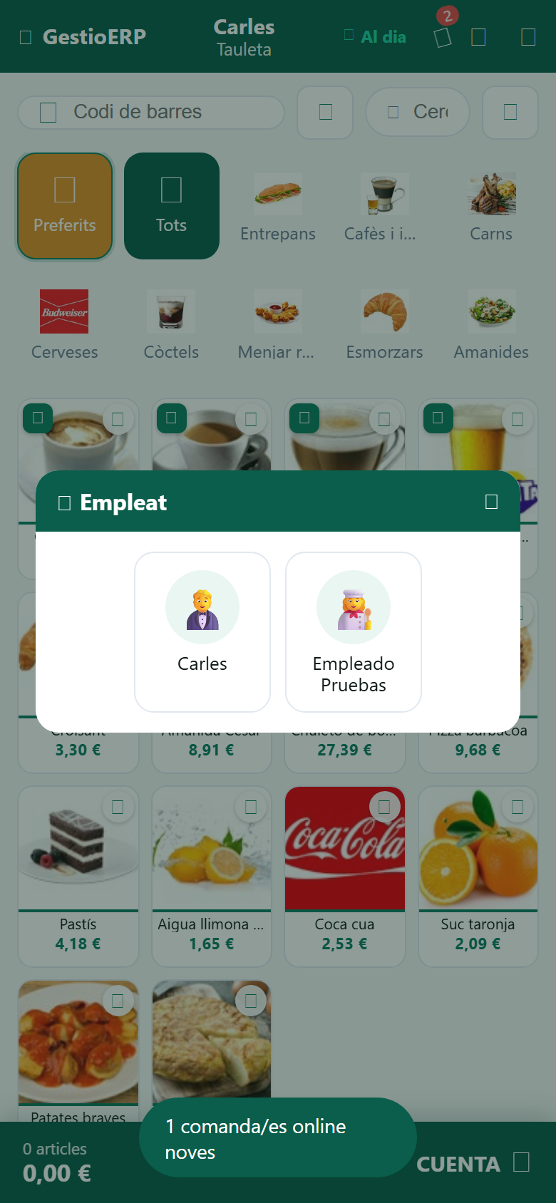 Pantalla d'accés del TPV de GestioERP: selecció d'empleat