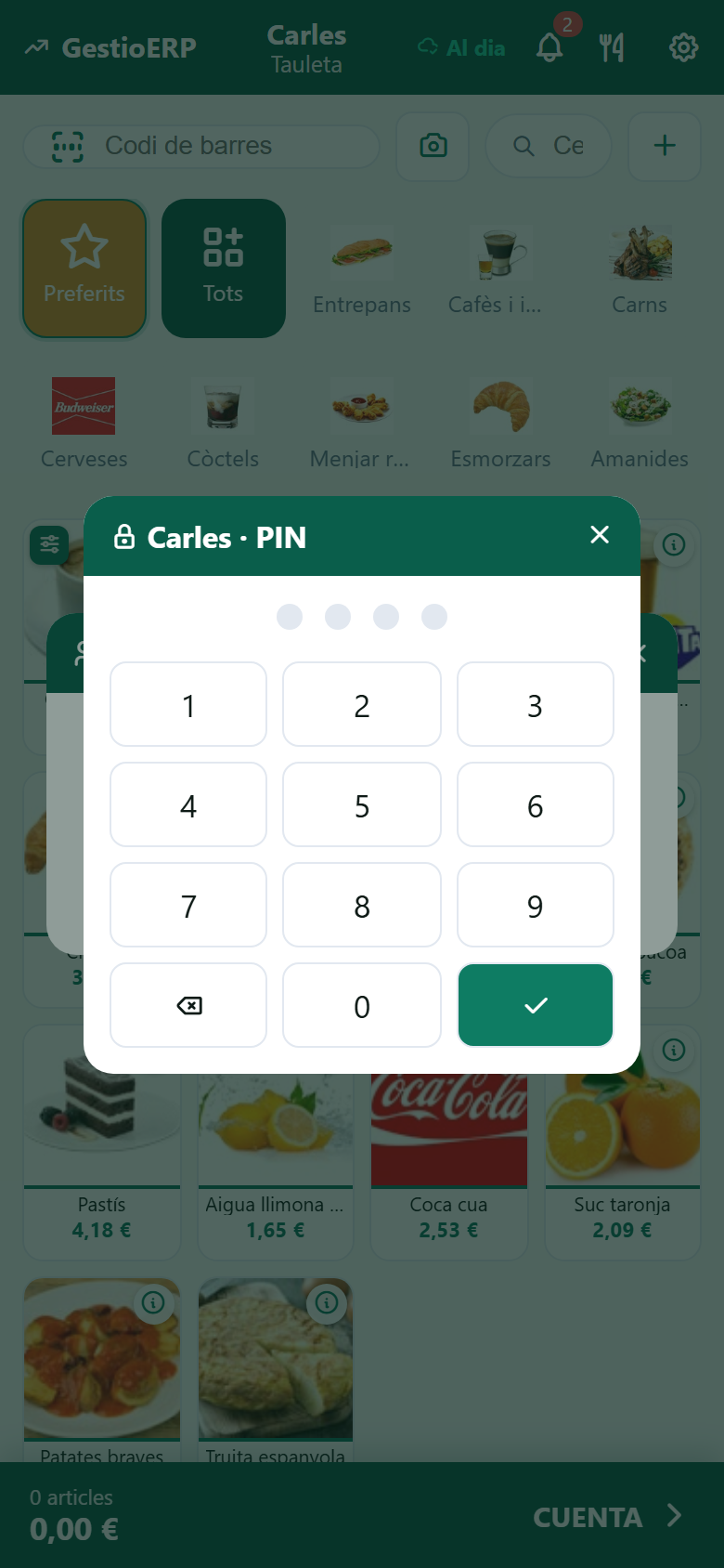 Pantalla d'accés del TPV de GestioERP: PIN de l'empleat