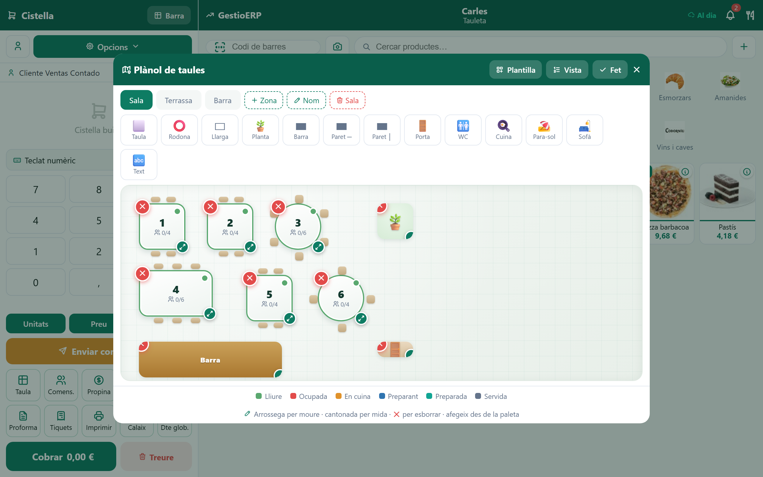 Editor del plànol de taules del TPV de GestioERP amb la paleta per decorar el local