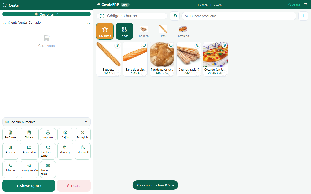 TPV de panadería con las familias de pan, bollería y pastelería
