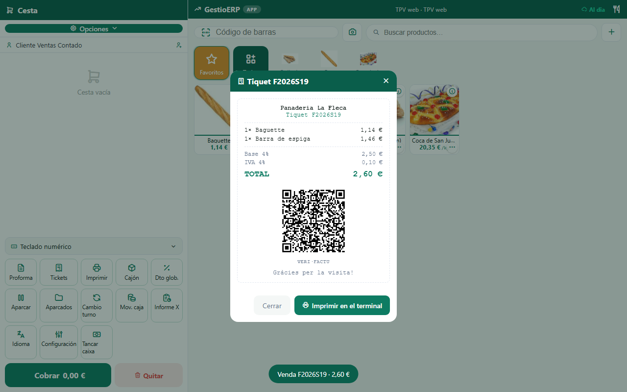 Ticket de panadería con líneas por unidad y al peso