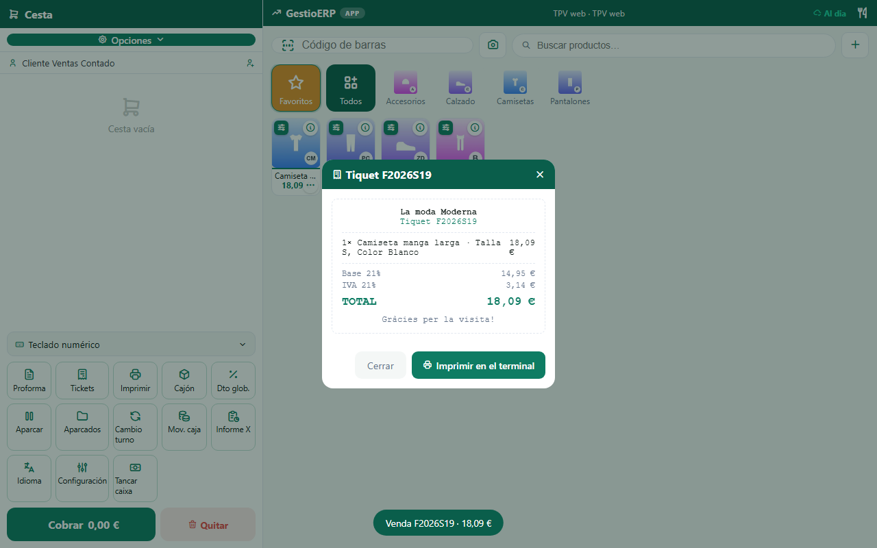 Ticket de venta con la variante completa en la línea