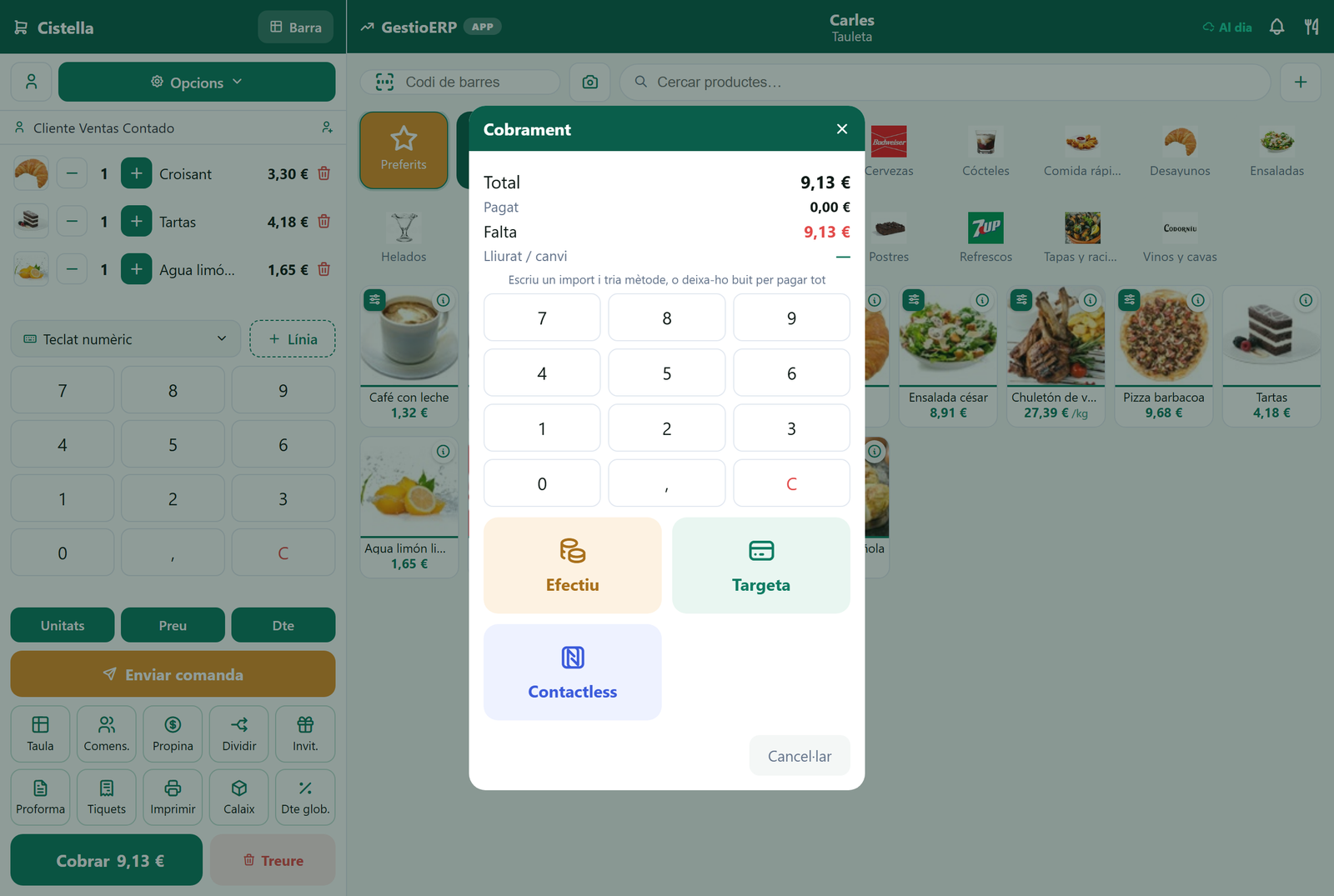 Pantalla de cobro con total, teclado e iconos de efectivo, tarjeta y contactless