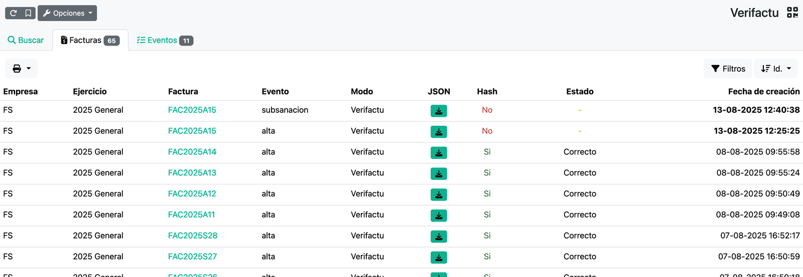 Informe de registres de factures i esdeveniments