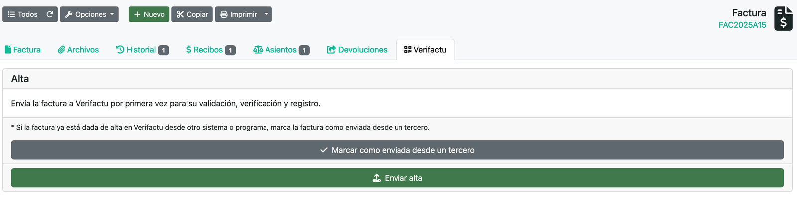 Enviar una factura a Verifactu