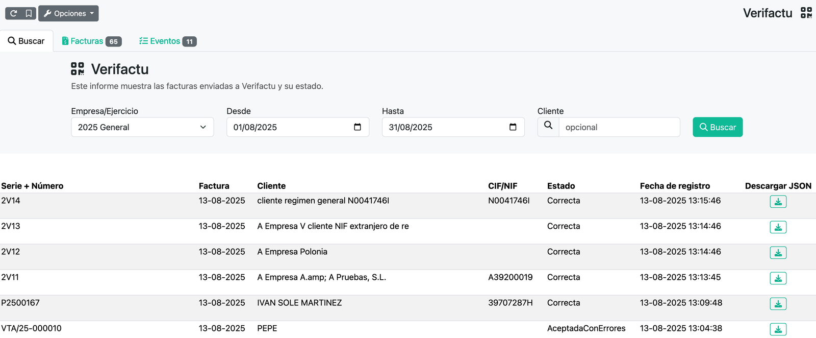 Informe de registres de factures i esdeveniments