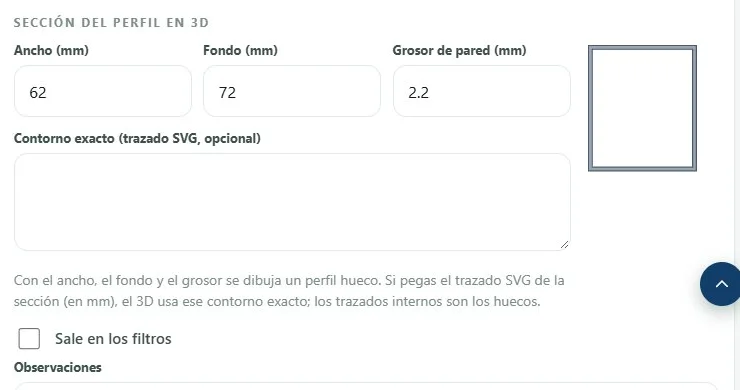 La secció del perfil a la fitxa del material