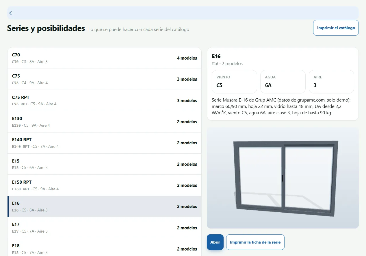 Sèries i possibilitats: la llista de sèries i la fitxa de la sèrie assenyalada, amb el seu visor 3D