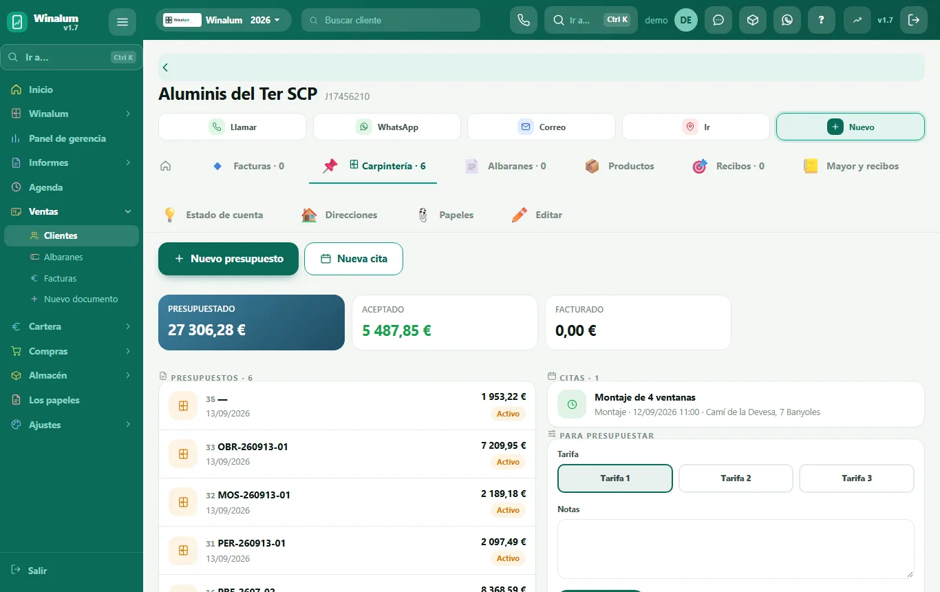 La pestanya Fusteria de la fitxa del client