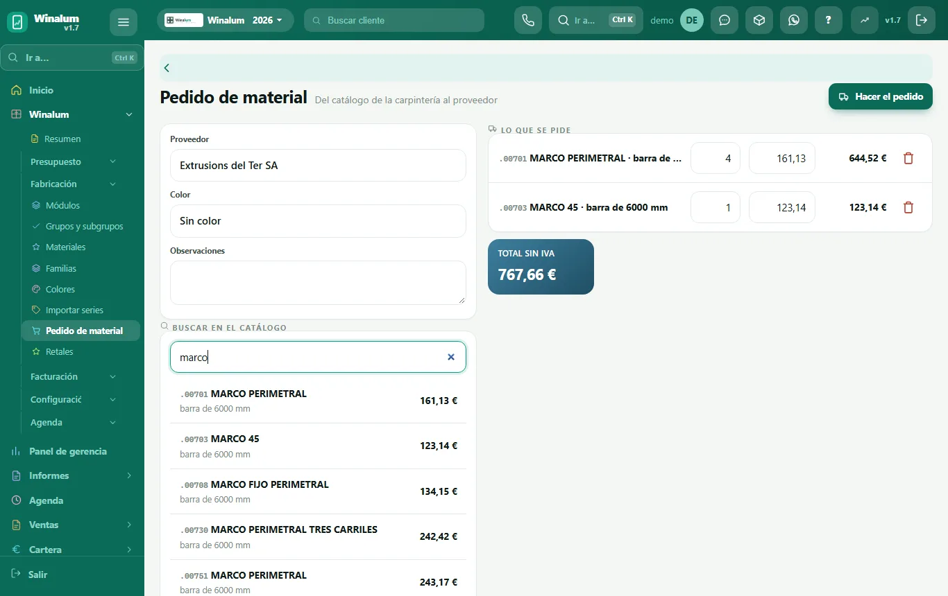 La comanda de material al proveïdor